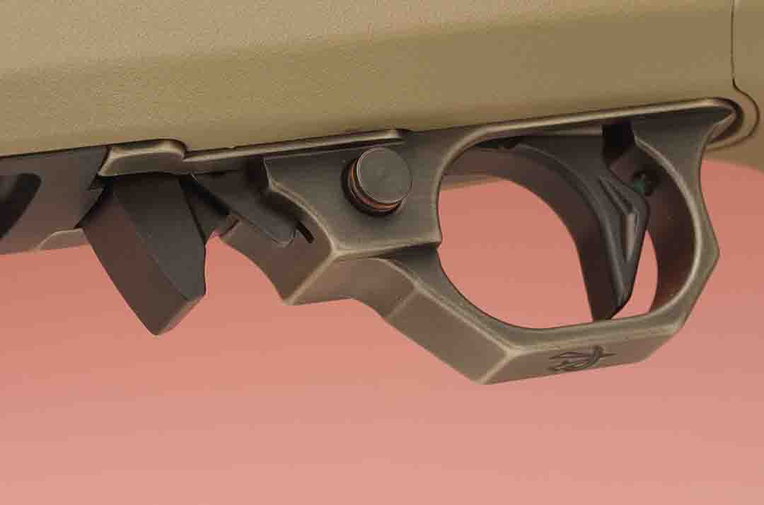 The “bottom metal” shows (front to rear), the magazine release and the bolt release in the form of a thin lever and the cross bolt safety.  The trigger is precise, breaking around 2 pounds.